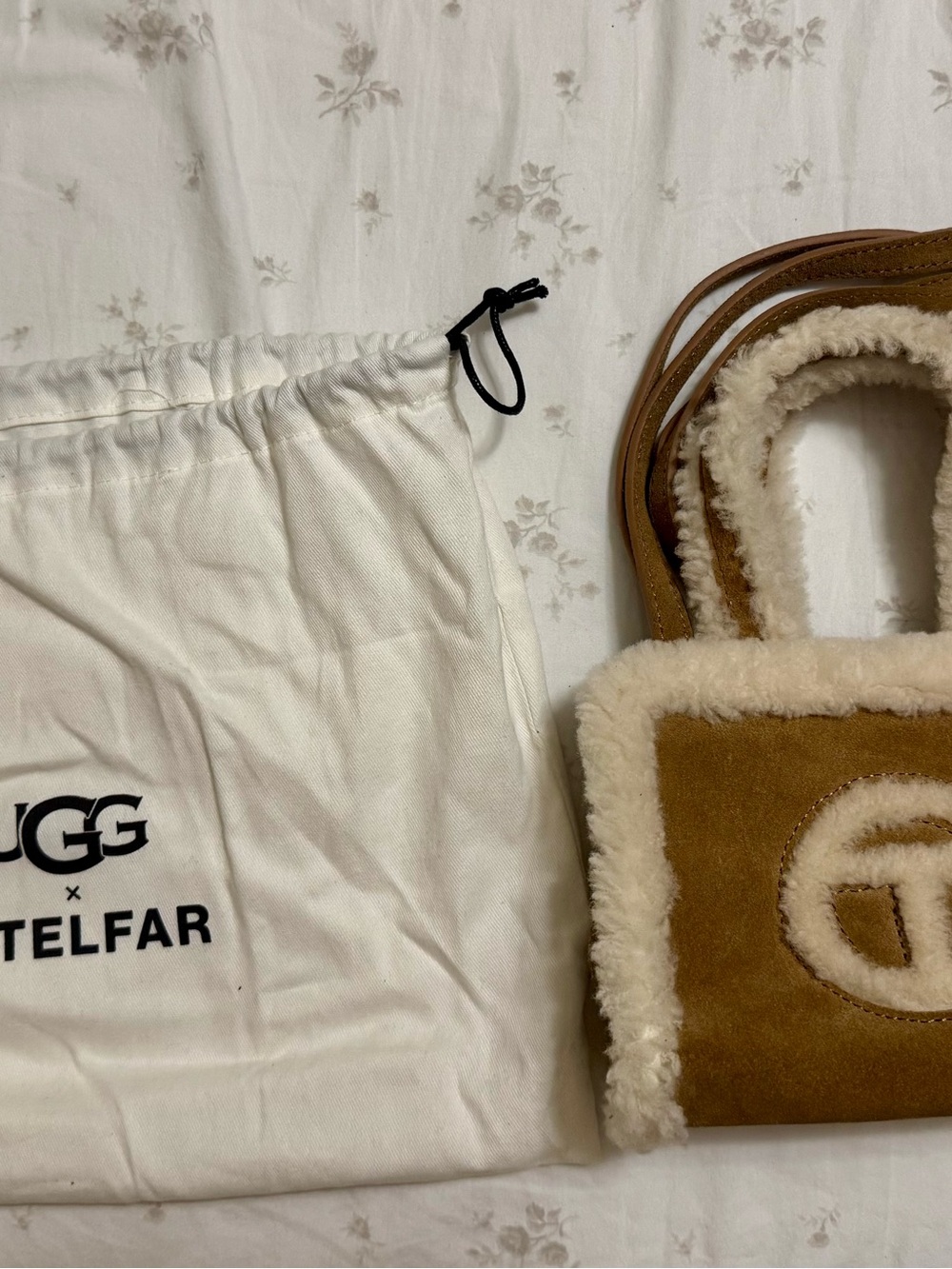 UGG x Telfar Chestnut Suede Mini shopper bag with Cream Shearling Trim